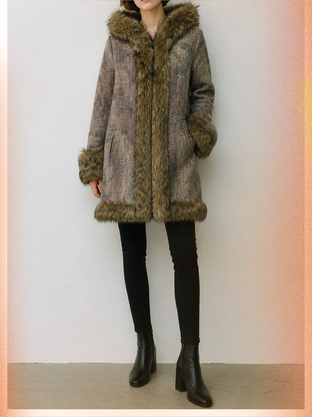 Minkpink Carpet Style Faux Fur Trim Hooded Penny Lane Jacket Multi XS Y2K Boho
